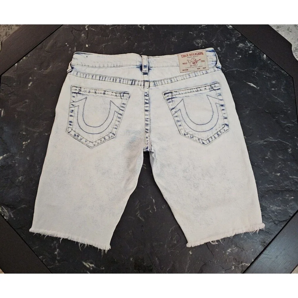 True Religion Ricky Relaxed Straight Cutoff Denim Shorts Mens 32 Distressed